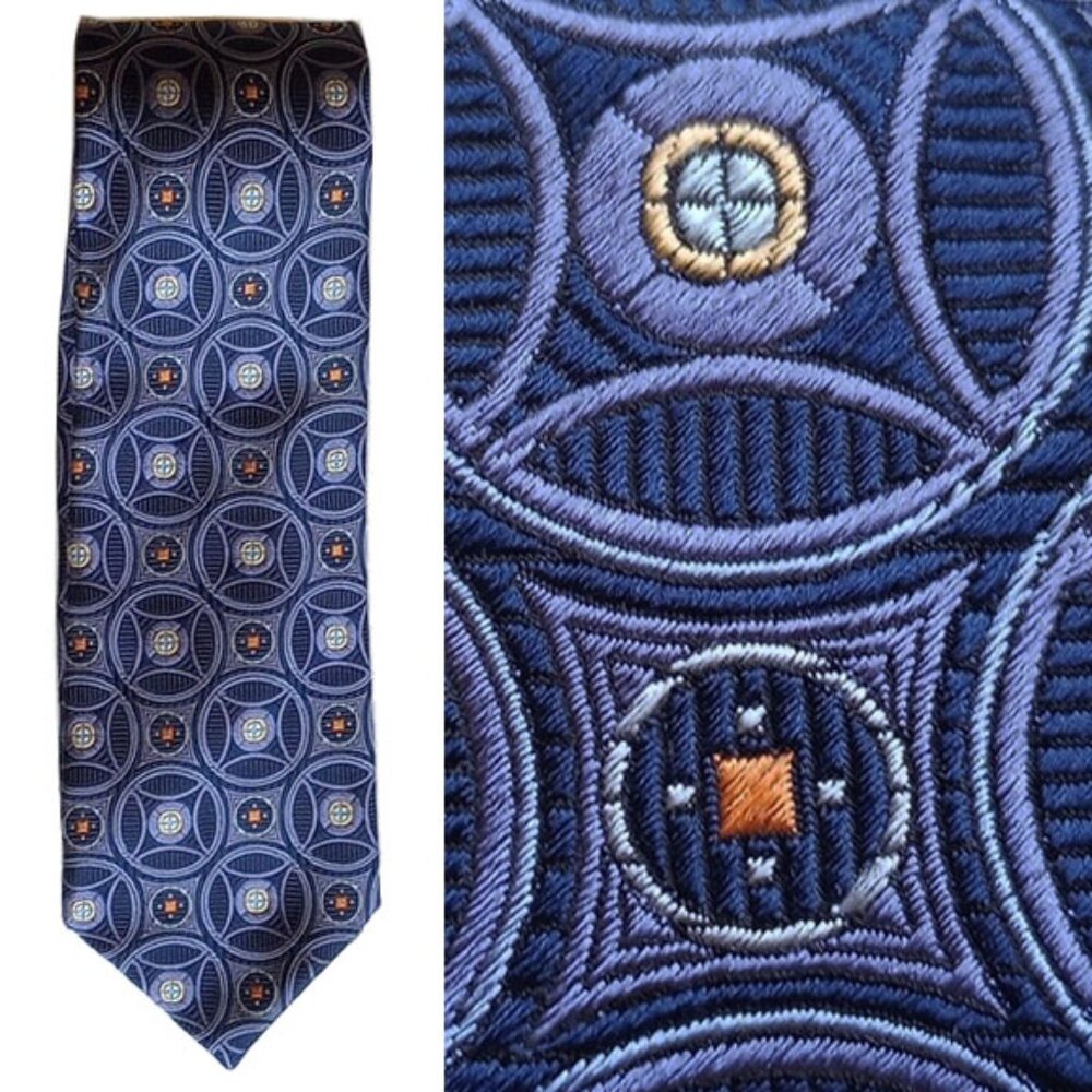 Jos A Bank "Signature Gold" Textured Silk Tie 60" Cosmic Circles Navy Periwinkle